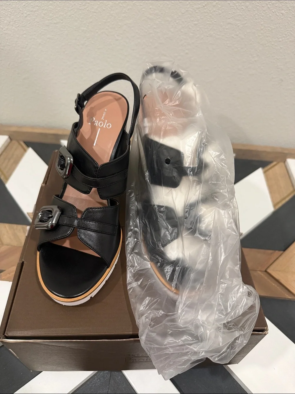 Linea Paolo Elvie Black Leather Wedge Sandal with Silver Buckles Size 9 New
